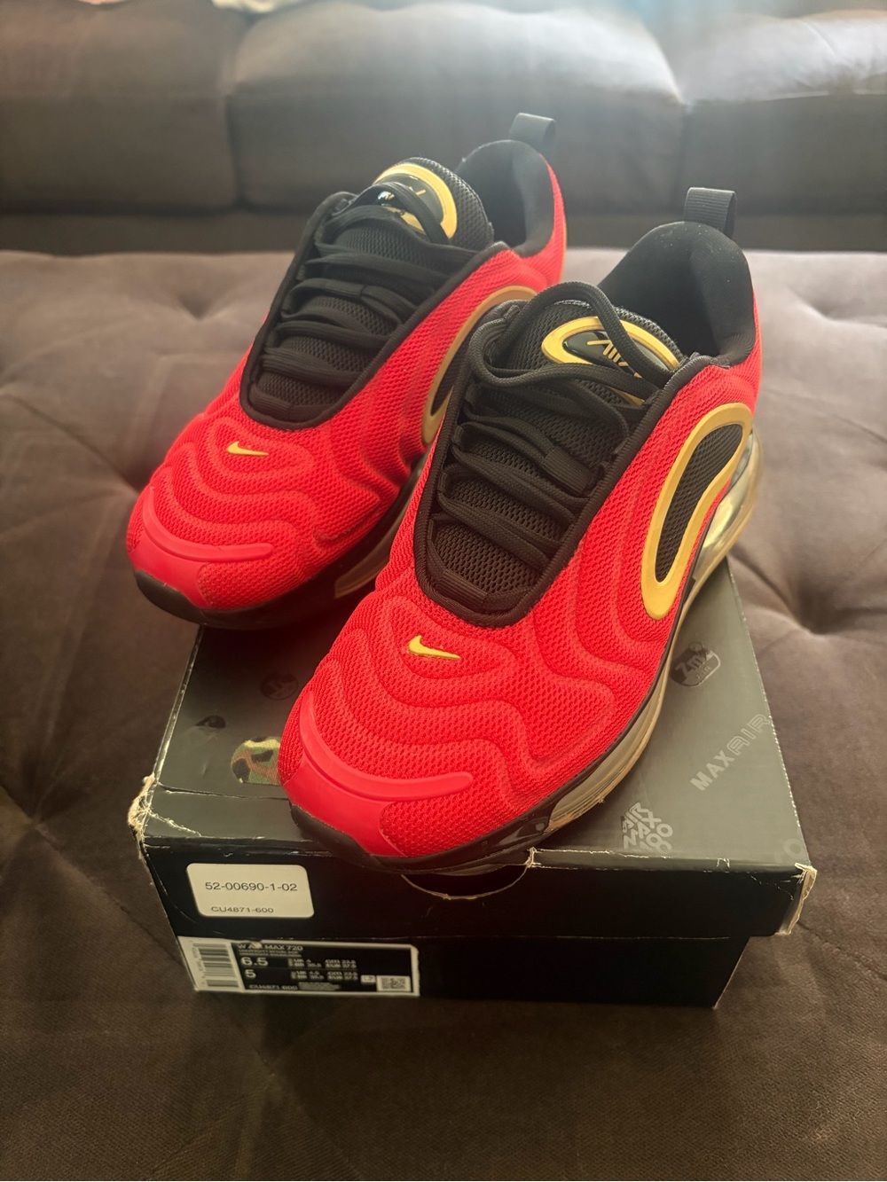 Nike Air Max 720 Red and Black Sneakers with Gold Accents